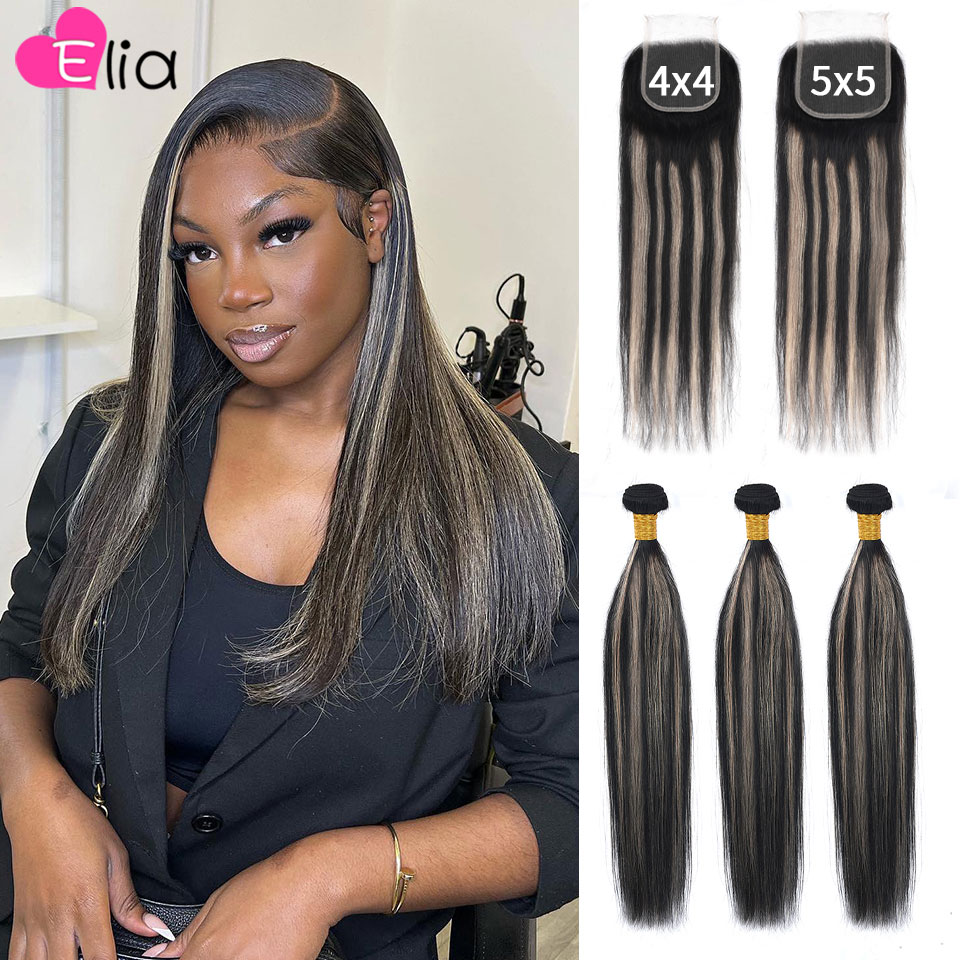 Highlight Grey Hair Bundles with Closure Straight Original Human Hair Extensions 4 Bundles Deal 4x4 5x5 Closure with Bundles 30" 1560b
