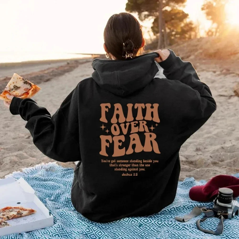 FAITH OVER FEAR Plush hoodie sweatshirt men and women autumn winter couple tops loose 241112