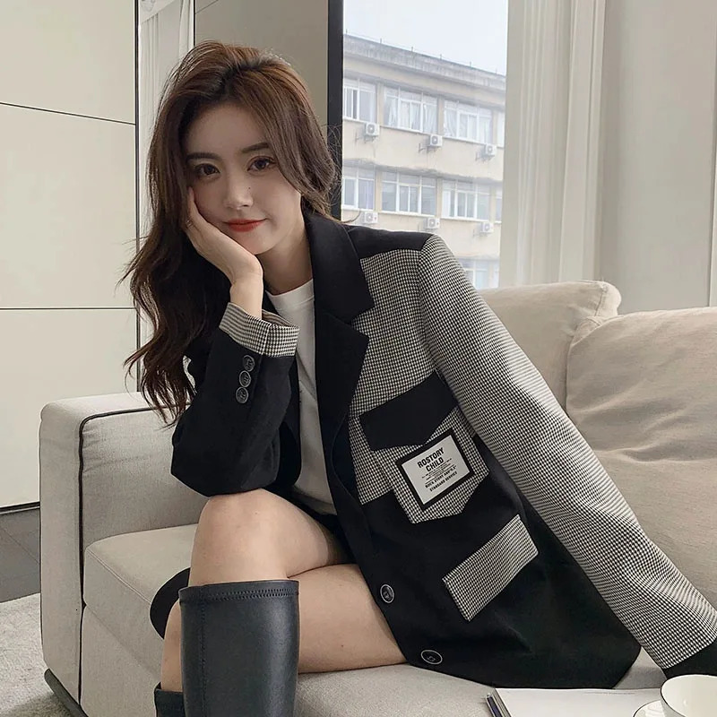 Fashion plain contrast jacket womens loose single chest set jacket with patchwork pockets and open collar jacket 241111