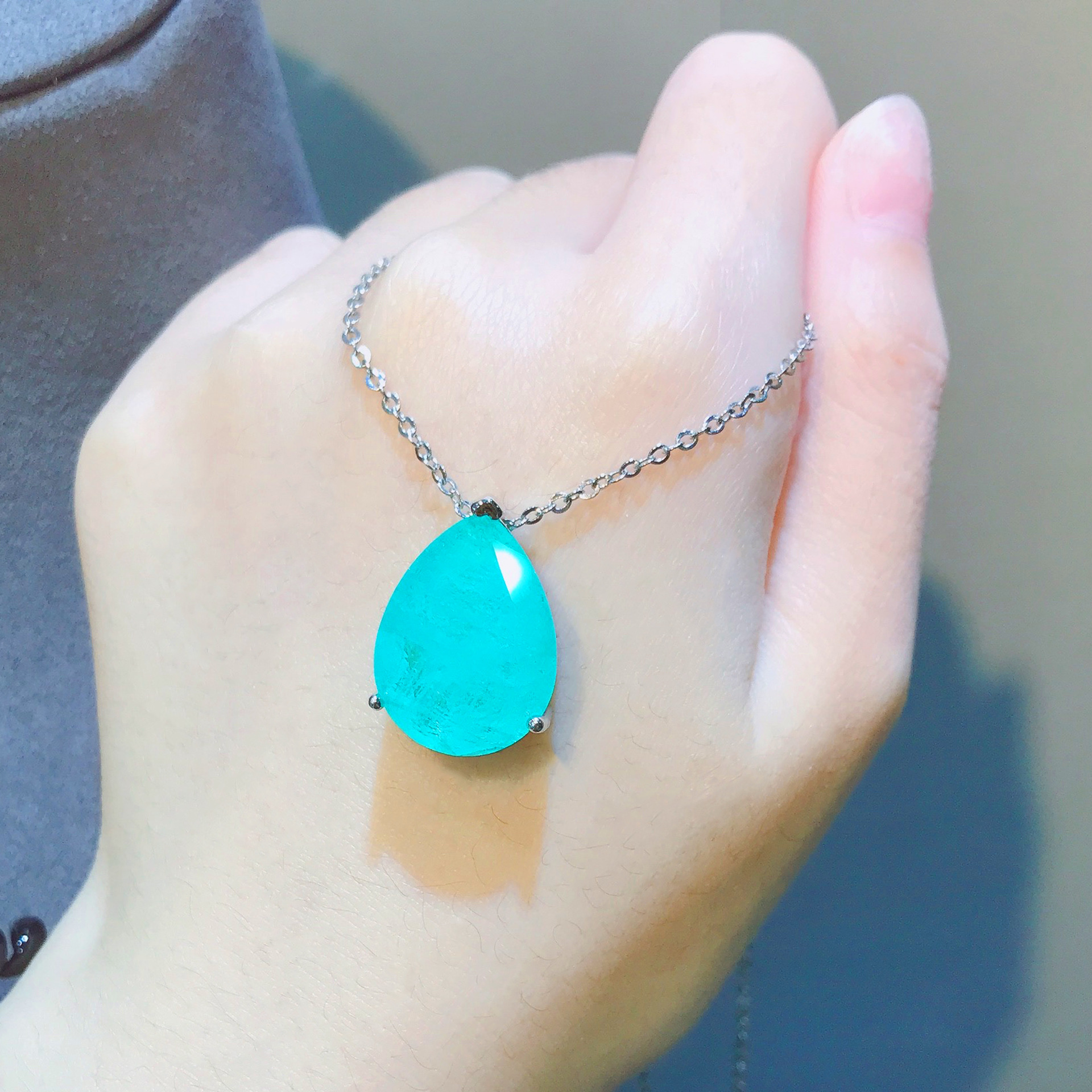 Sier Water-drop Shape Paraiba Tourmaline Gemstone Earrings Necklace Set for Women Temperament Ladies Trendy Vintage Jewelry 02d0c