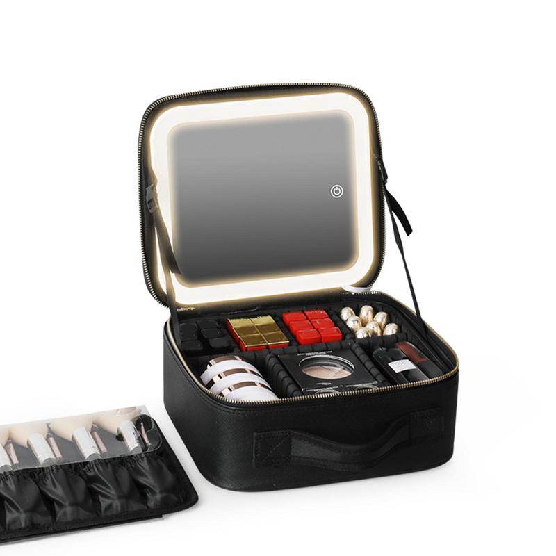 Smart LED Makeup Bag With Mirror Large Capacity Waterproof PU Leather Travel Cosmetic Case For Women Jewelry Box Organizer Case 1697d