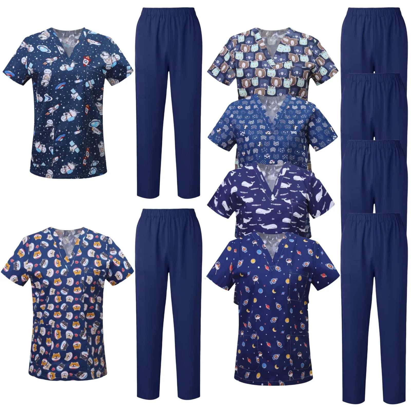 Wholesale Printing Scrubs TopsPants Uniformes Clinicos Mujer Pet Doctor Work Clothes Cotton Scrubs Workwear Women Uniforms 241112