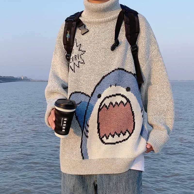 Mens Turtle Neck Shark Sweater Mens 2023 Winter Patch or Harajuku Korean High Neck Mens Extra Large Grey Turtle Neck W2411111