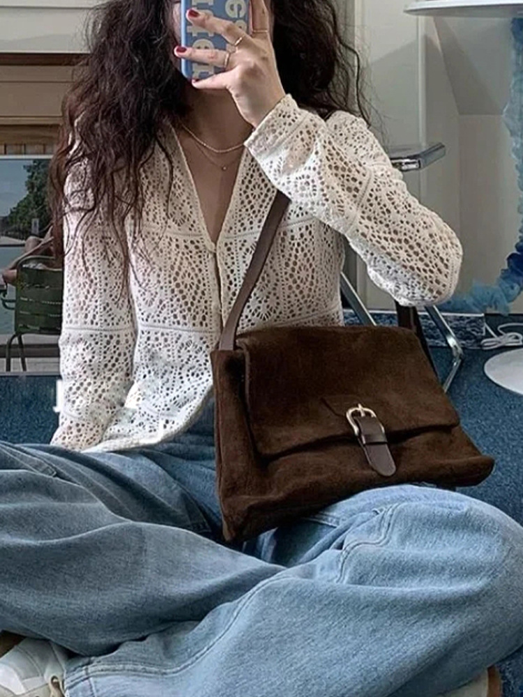 Vintage Faux Suede Crossbody Bag for Women Simple Large Capacity Brown Shoulder Bags Retro Design Female Tote Purse Handbags