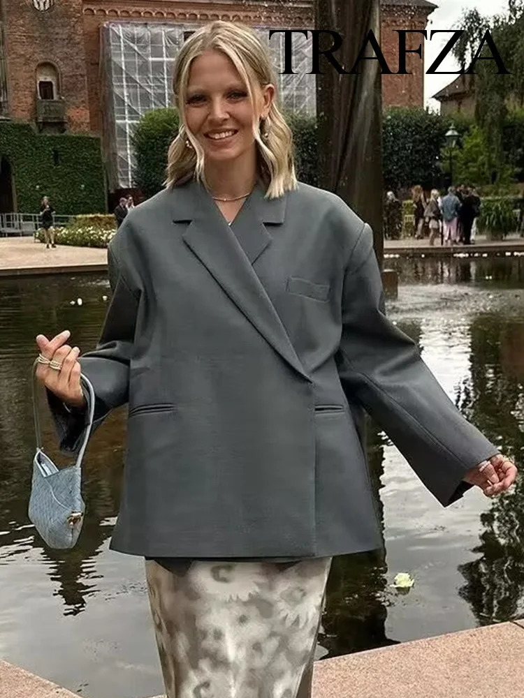 TRAFZA Womens Fashion Long Sleeve Collar Pocket Decorative Jacket Autumn Womens Casual Single Button Solid Color Sports Jacket 241111