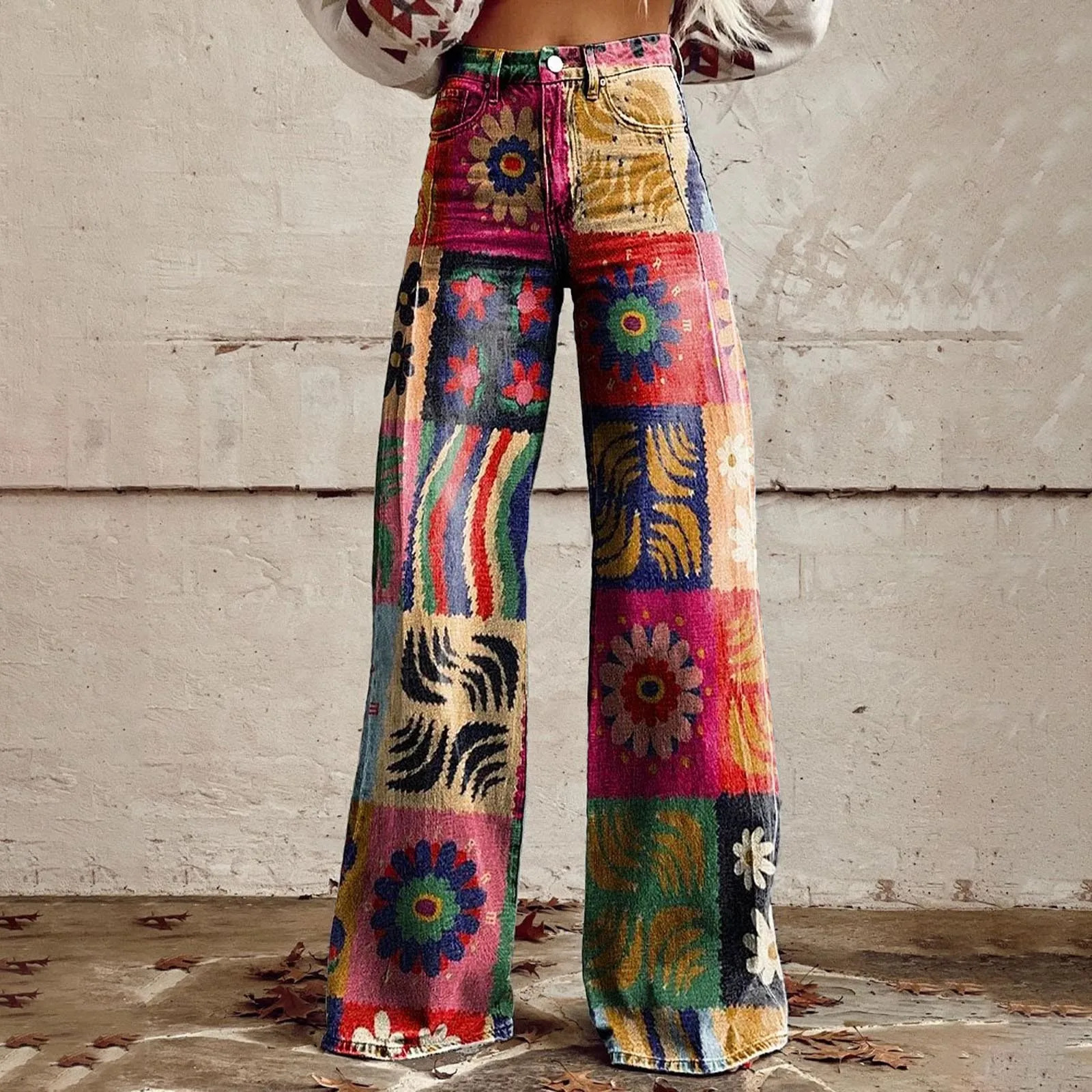 Loose Fit Comfort Vintage Wide Leg Jeans Fashion High Waisted Casual Denim Pants 90s Floral Printed Baggy Trousers Women 241112