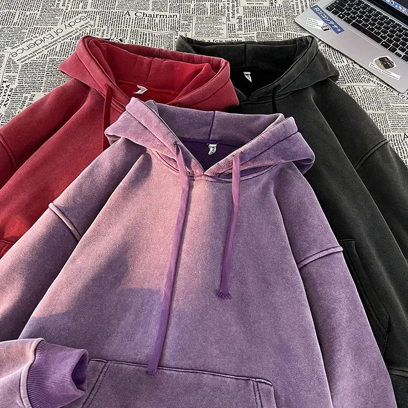 Mens Solid color washed hoodie Sweatshirt Couple Hoodie Long Sleeve Loose Japanese Harajuku Street Boy Pullover Sweater 241111