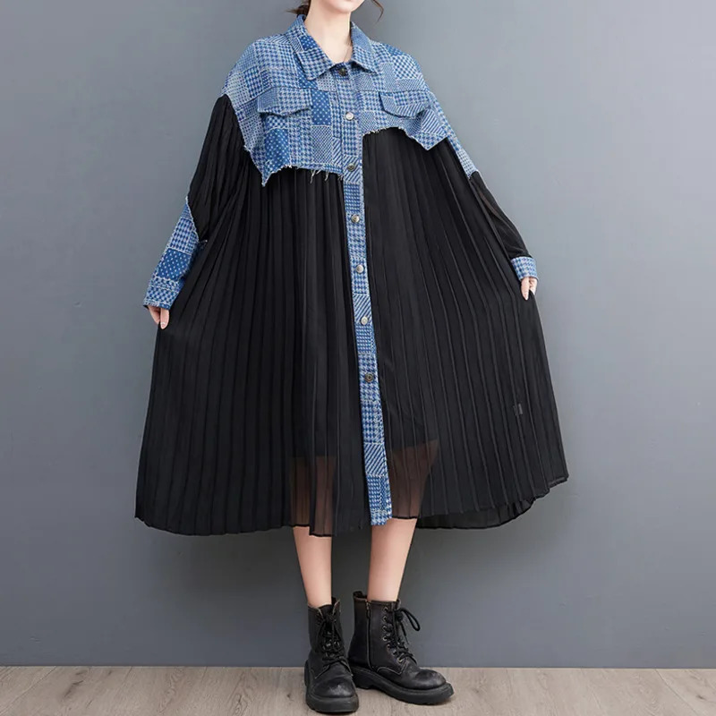 #2178 Spring Pleated Long Shirt Dress Women Denim Spliced Chiffon Sleeve Loose Vintage Midi Female Button 240329