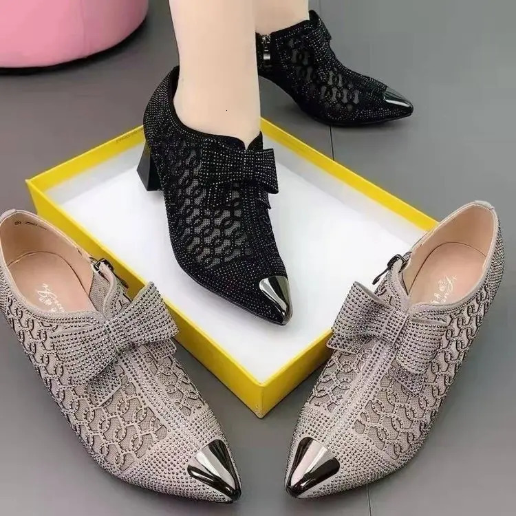 Womens hollow mesh shoes summer womens pump fashion rhinestone square toe zipper bow womens sandals plus size 241111