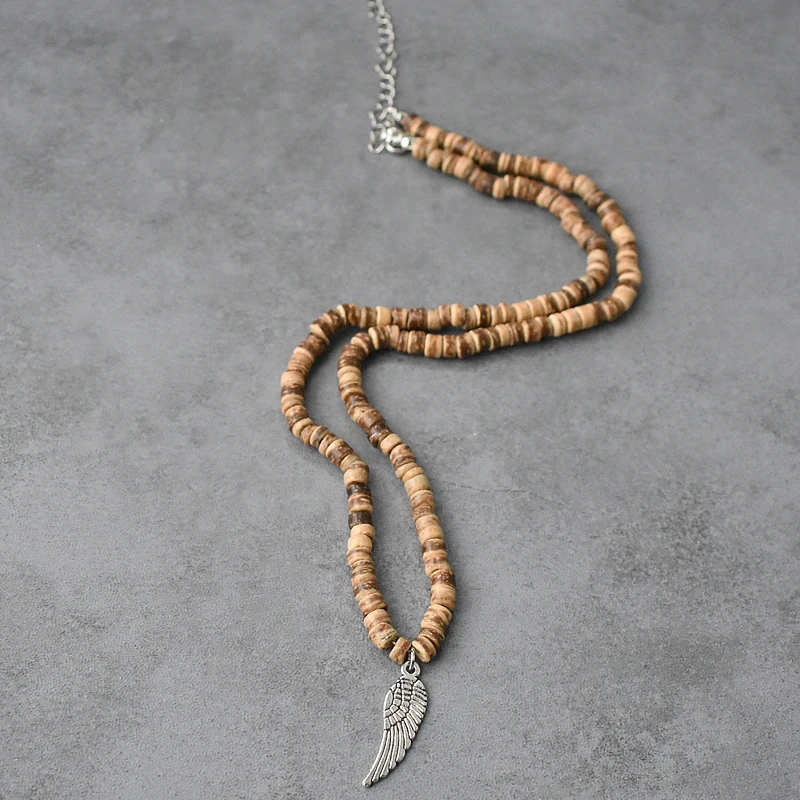 Vintage Bohemia Surfer Feather Wing Pendant Necklace for Men Simple Tribal Ethnic Coconut Shell Beaded Necklace Men Jewelry