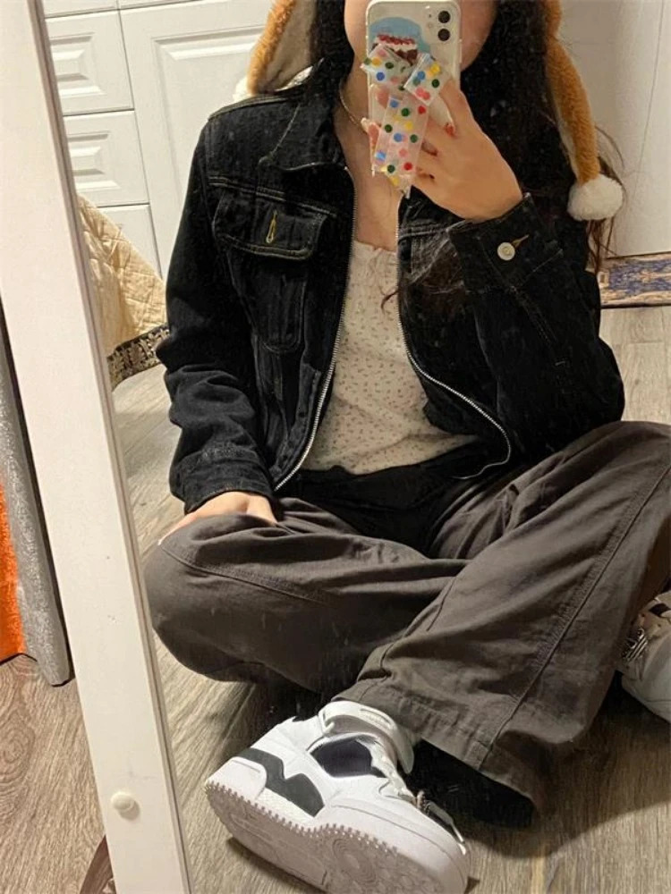 Zipper Jeans Solid Coats Streetwear Fashion Full Match Chaquetas Strapless Punk Retro Denim Jacket 241112