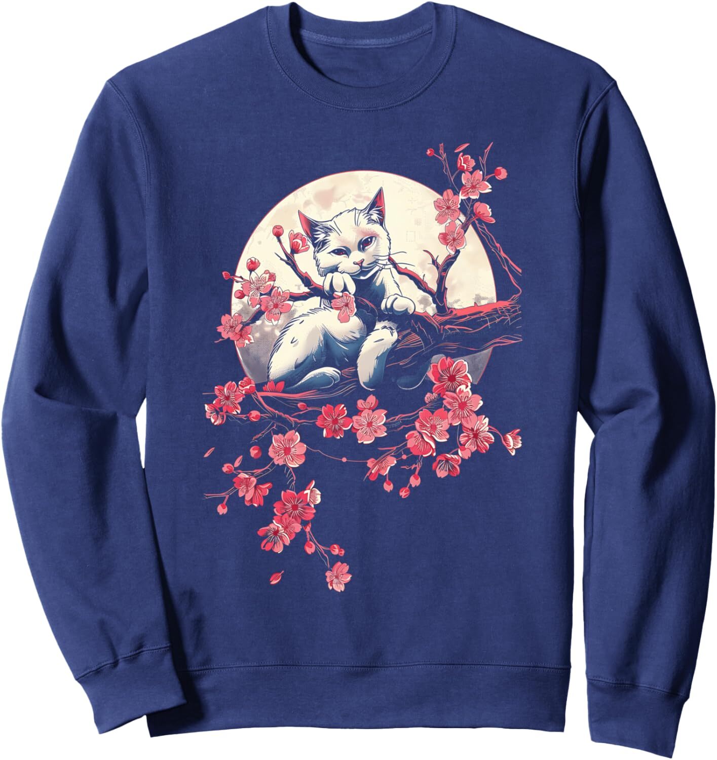 Long Sleeve Shirts for Men sweatshirt Japanese Cat Lover Sakura Blossom Moon Kawaii Cat Design Sweatshirt T shirt Tee Streetwear Casual tops clothes