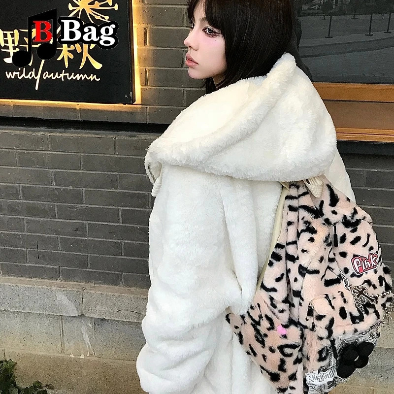 Y2K womens cute fur shoulder bag backpack Harajuku retro leopard print shoulder bag Lolita student handbag 241111