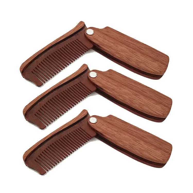 Foldable beard comb natural wood portable barber natural beard brush comb clipper facial cleaning and styling tool W241112