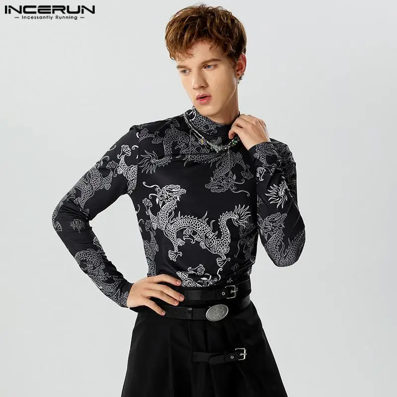 Mens Retro Printed Turtle Neck Long Sleeve Casual Camisetas Street Fitness Autumn Underwear S-5XL INCERUN 241112