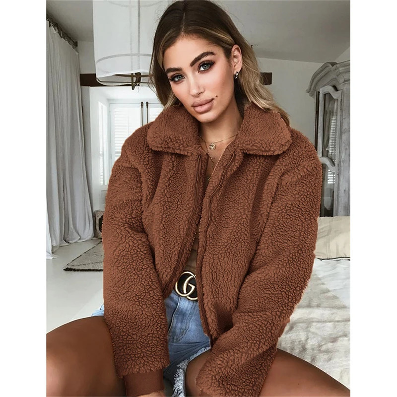 Womens polar wool warm long sleeved jacket autumn and winter teddy bear wool fluffy zipper jacket fashionable and casual loose jacket top 241112