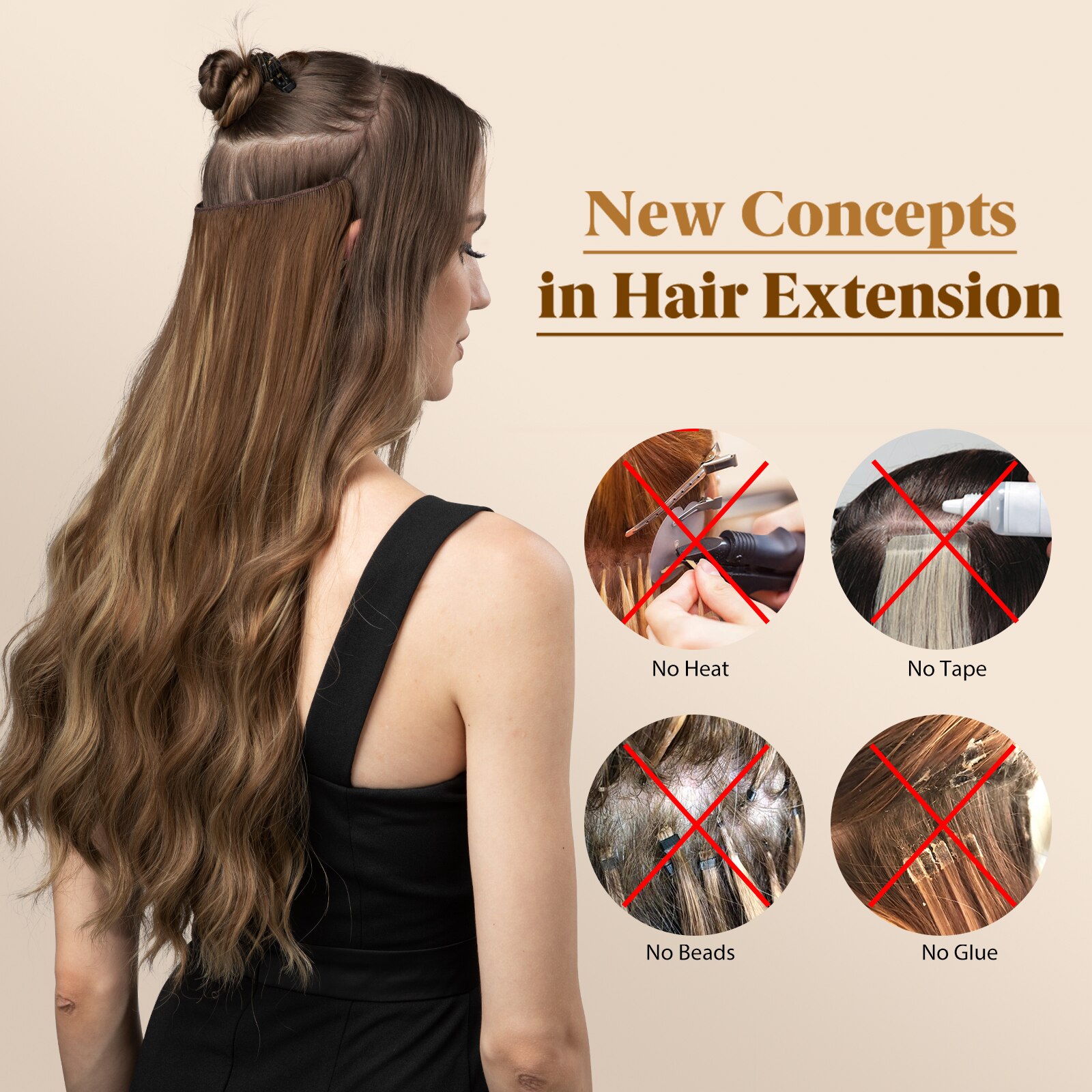 HAIRCUBE Synthetic Hair Extensions Long Cury Wave No Clip Hair Piece Heat Resistant Brown with Blonde Highlight Female Fake Hair ad61c 5 90024