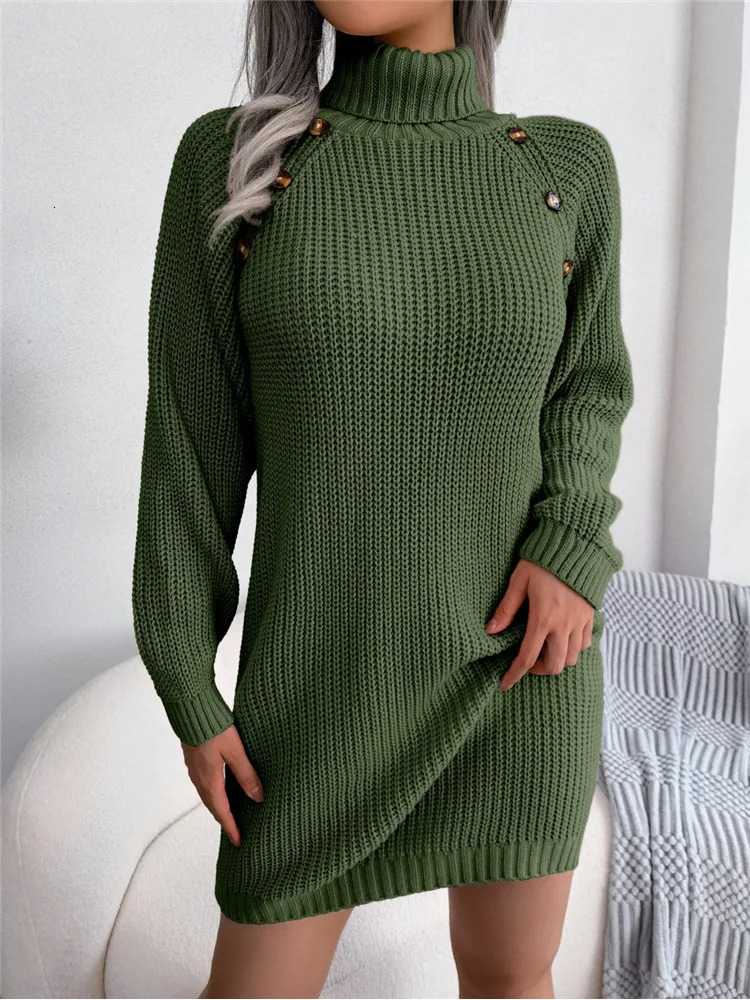 Womens Turtleneck long sleeved ribbed knitted sweater chiffon dress autumn solid color military green tight mini dress 241111