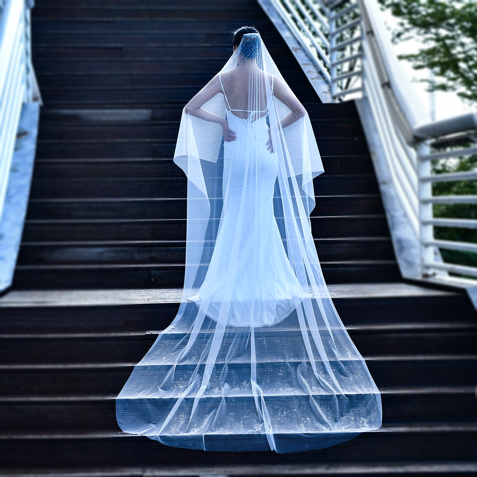 MZA86 Long Wedding Veil Rhinestone Sparking Bridal Veils 1 Tiers Crystals Beaded Wedding Accessories Diamond Bride Starry-eyed