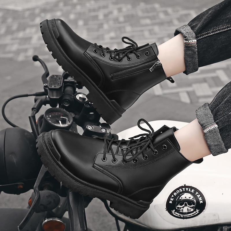 Autumn Brand Winter New Leather Ankle Men's Motorcycle Lace Up Trend Short Boots Youth Round Toe Work Shoes 6066
