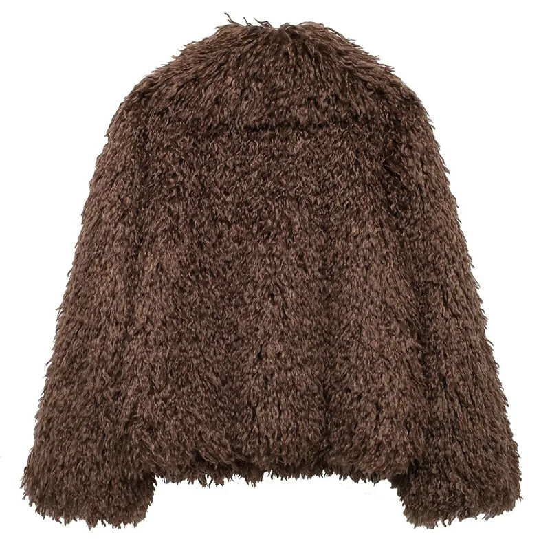 TRAF Womens Jacket Plush Teddy Coat Womens Coat and Jacket Crop Brown Coat Long Sleeve Coat Warm Winter Coat 241112