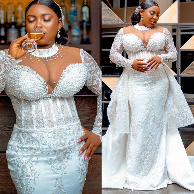 2024 African Wedding Dress Bridal Gowns Plus Size Detachable Train Mermaid Wedding Gowns High Neck Long Sleeves Beaded Lace Gowns For Nigeria Women Ma