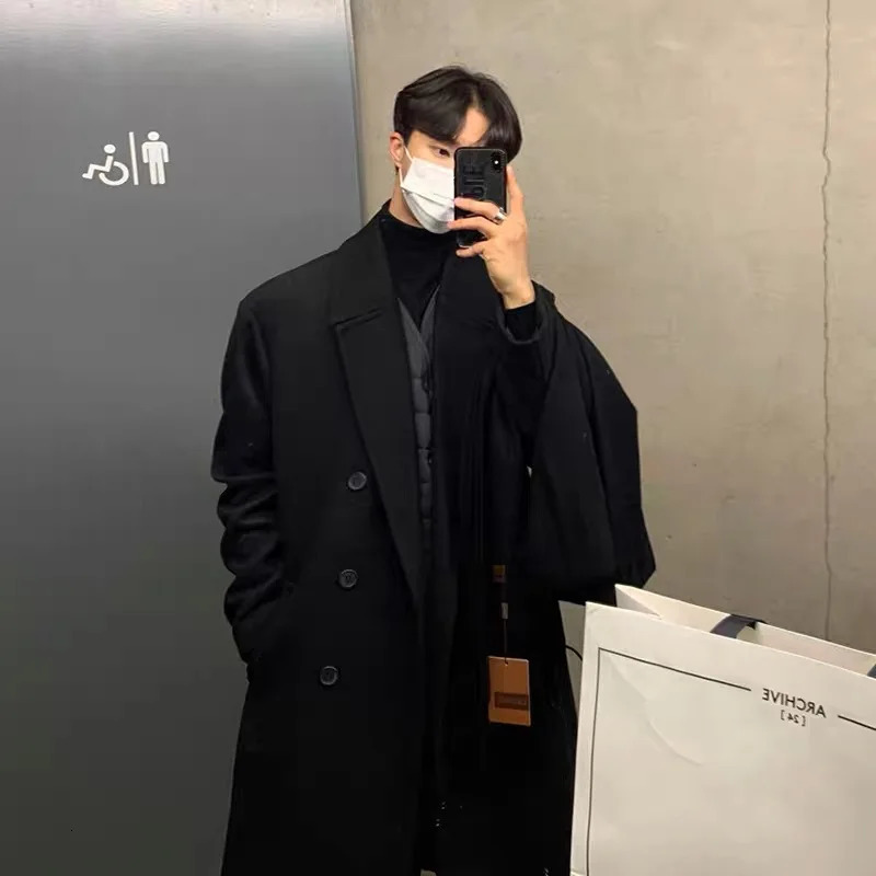 Winter mens black thick wool trench coat Korean high-quality mens casual trench coat mens street mounted windbreaker 241112