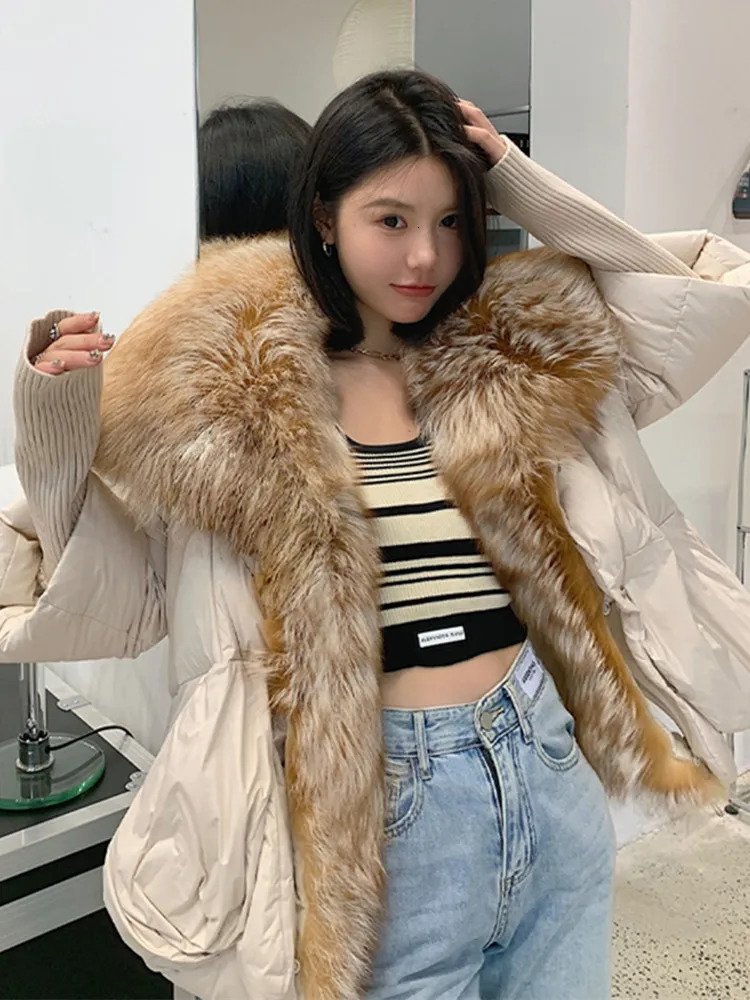 Oversized Winter Warm Real Fox Fur Collar Black Down Coat Women Puffer Outerwear Jackets 2024 Autumn Winter 241112