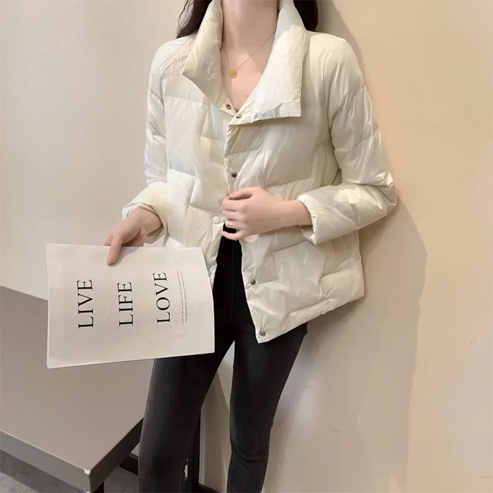 Solid Vertical Collar Inflatable Jacket for Womens Autumn and Winter Down Jacket for Womens Plain weave Ultra light White Duck Down Coat for Warmth 24