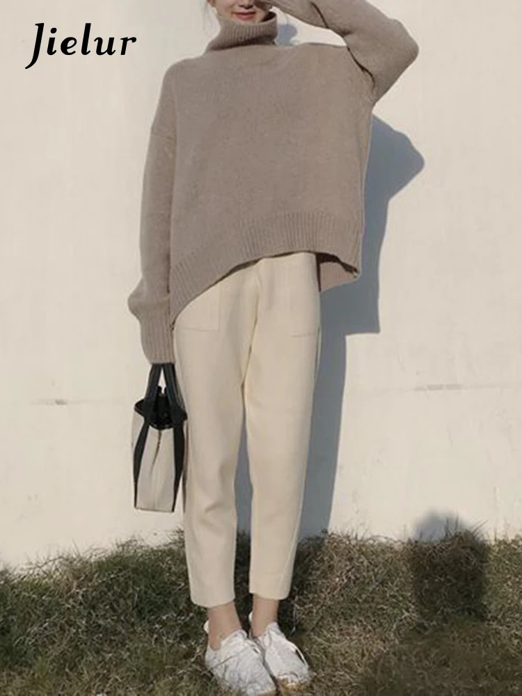 Jielur Spring casual elastic waist loose womens wool pants autumn and winter harem pants high waist S-4XL size pocket Pantalon 241112