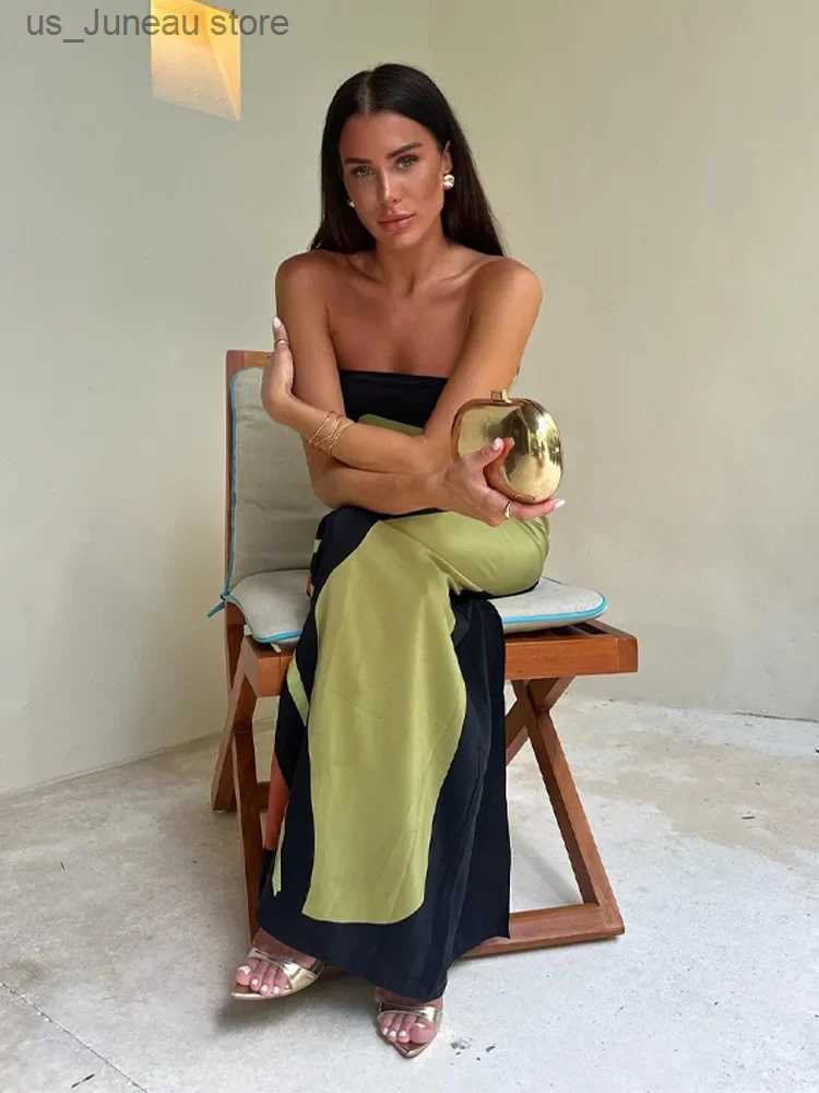 Basic Casual Dresses Loose Print Off Shoulder Strapless Maxi Dress Women Contrast Backless Slveless Robes Fashion Female Holiday Beach Vestido 1 T2404