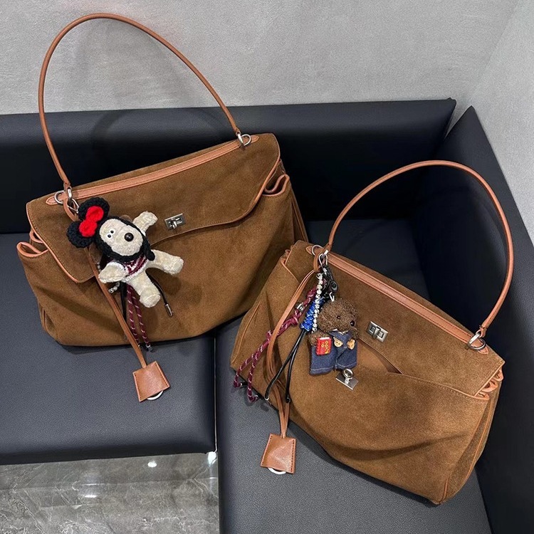 New Cowhide Capacity Full Suede Tote Used Underarm Hand-Held Single Shoulder Crossbody Large Women's Bag Cartoon