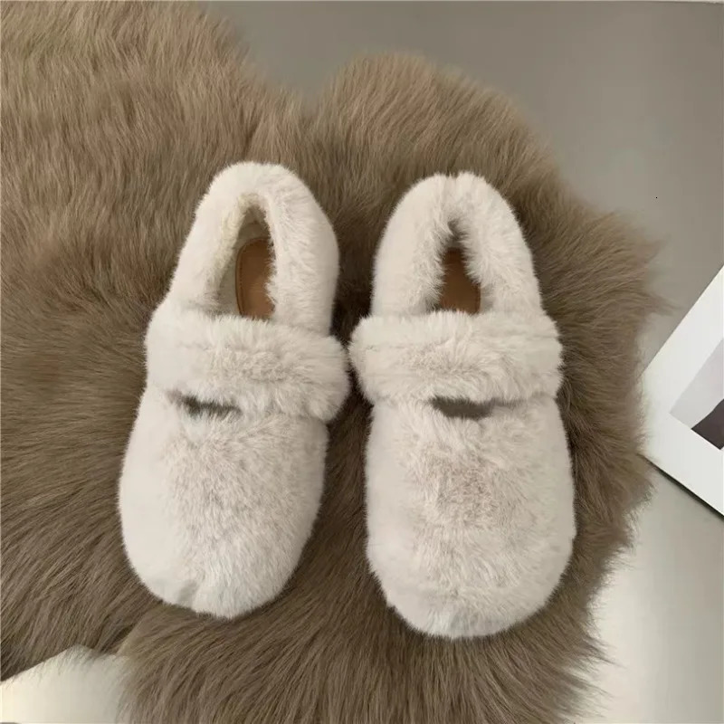 Fashion Womens Winter Fur Flat Shoes Womens Warm Plush Mary Jane Casual Ballet Shoes Outdoor Round Toe Shallow Shoes 241111