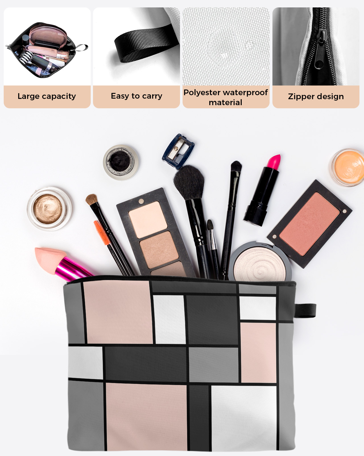 Geometric Figures Blush Pink Abstract Cosmetic Bag Portable Makeup Pouch Women Waterproof Bathroom Multifunctional Washbag 626b1