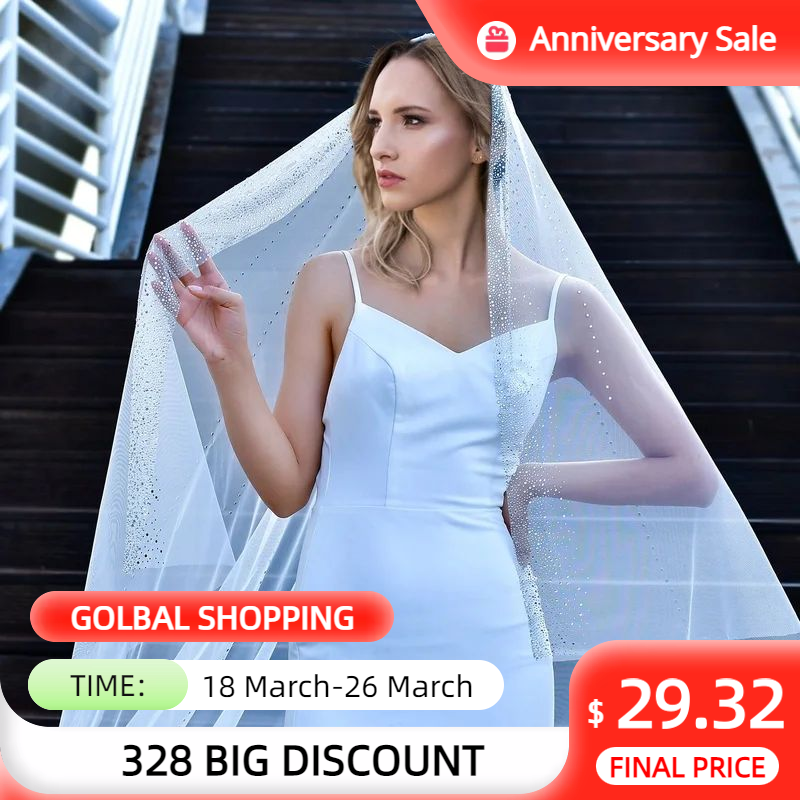 MZA86 Long Wedding Veil Rhinestone Sparking Bridal Veils 1 Tiers Crystals Beaded Wedding Accessories Diamond Bride Starry-eyed
