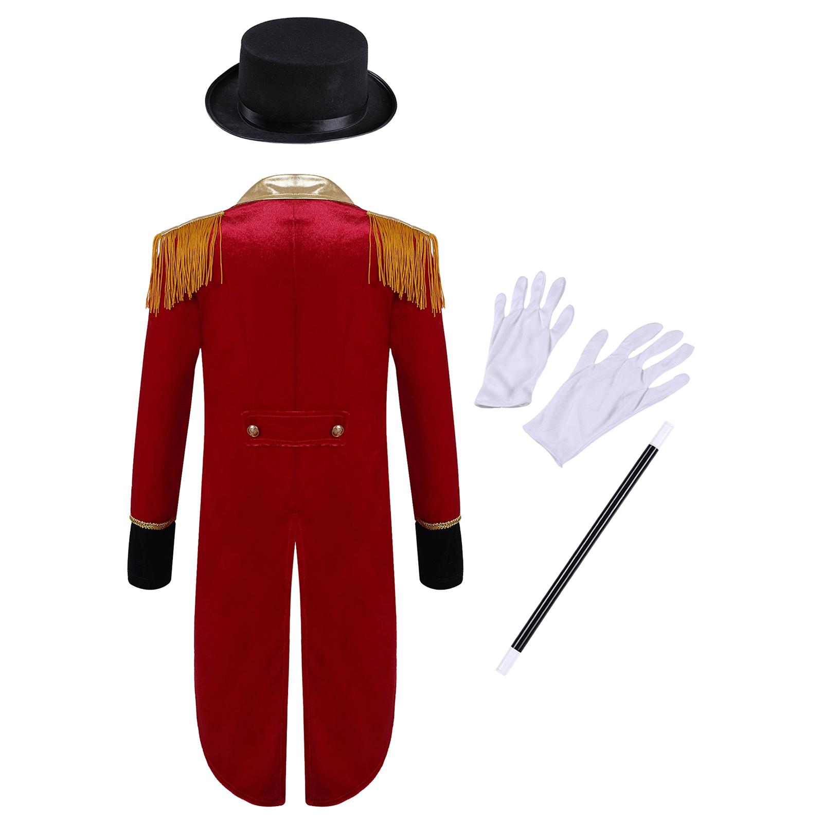 Kids Boys Circus Costume Set Long Sleeve Lapel Tassel Shoulder Tailcoat with Hat Magic Wand Gloves for Halloween Cosplay 76f4f