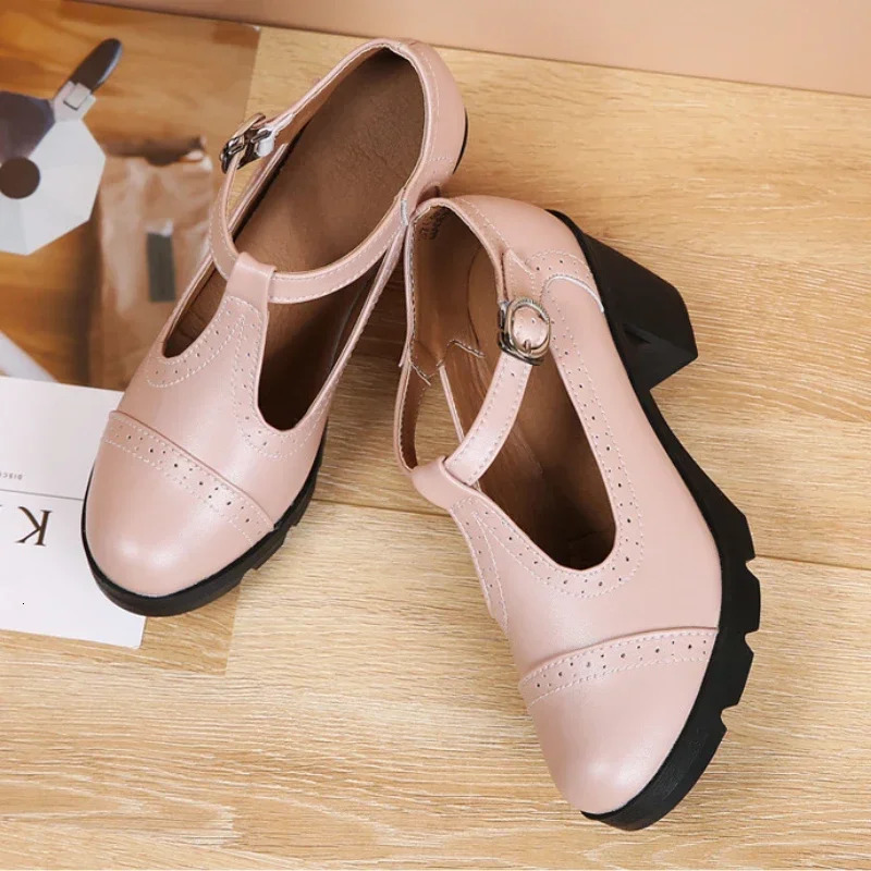 Fashion British Style Round Toe Mary Jane Shoes Leather Hollow Out Sqaure Heels Platform Retro Womens Dance Shoes 241112