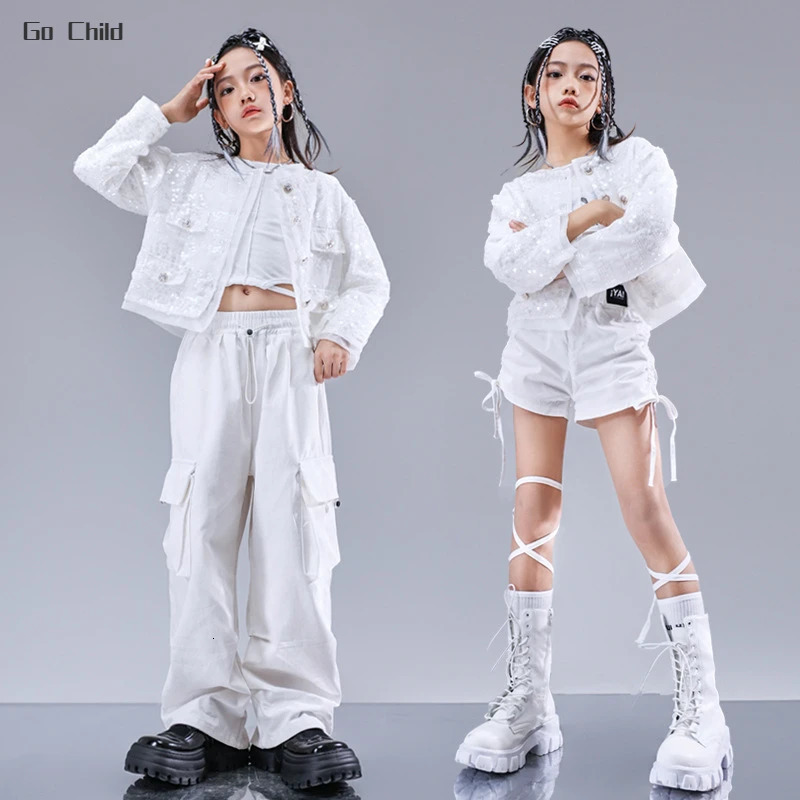 Girls Hip Hop Sequin Elegant Jacket Cargo Pants Street Dance Clothes Set Kids Jazz Sweatshirt Shorts Costume Children Streetwear 241112