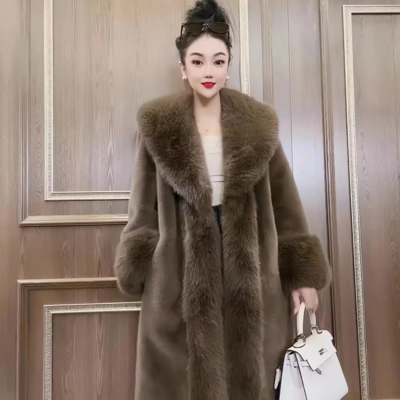 Womens long faux fur coat collar loose and thick warm teddy jacket high quality womens clothing winter 241112