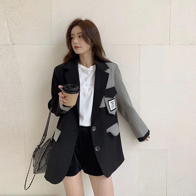 Fashion plain contrast jacket womens loose single chest set jacket with patchwork pockets and open collar jacket 241111