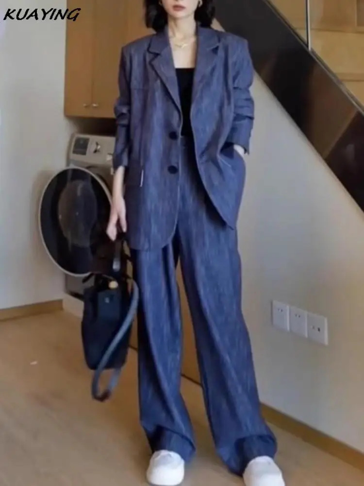 Autumn Women Denim Blazer Pantsuit Korean Fashion Vintage Wide Leg Pants 2 Piece Set Female Business Casual Trousers Outfits 241112