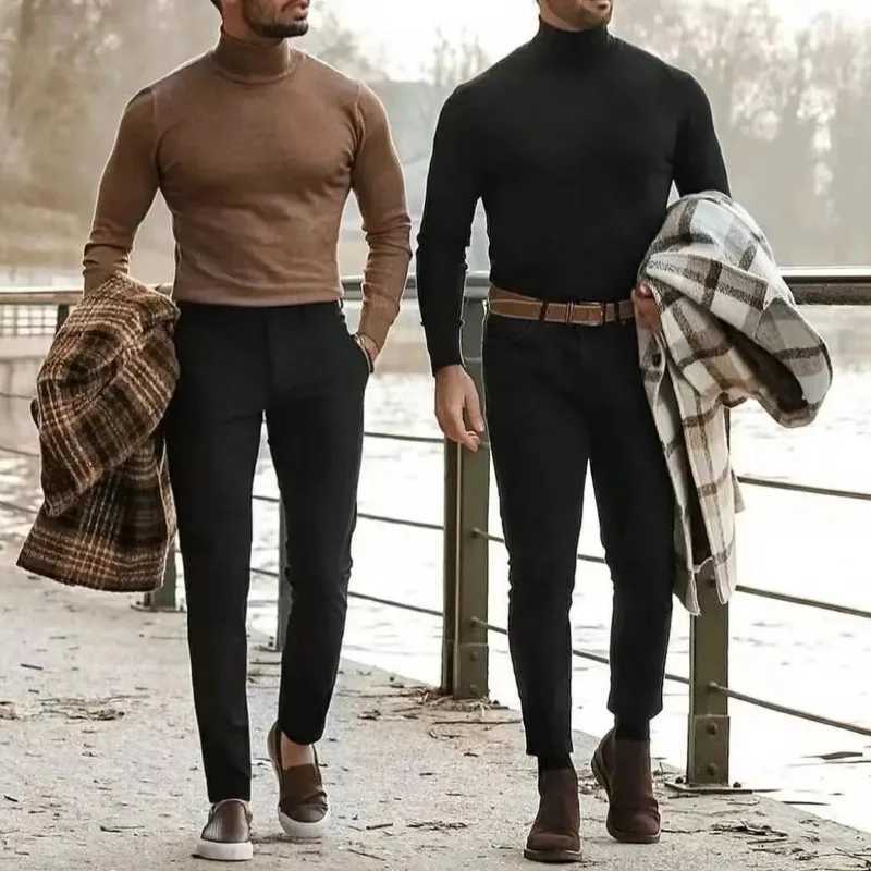 Mens high neck sweater with floral casual solid color sweater long sleeved warm knit navy blue collar jacket W2411111