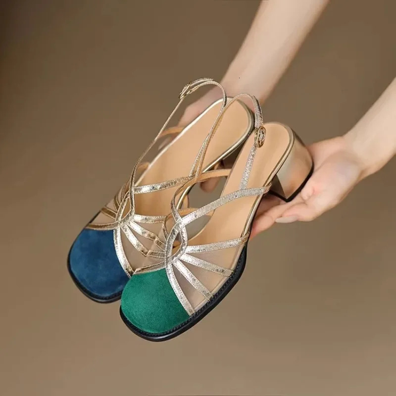 Womens high-heeled net sandals party dress er short and chubby retro suede hollow Zapatillas bounce back pump 241111