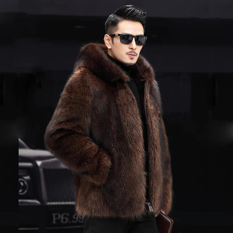 Mens fur coat mink coat short hooded casual fashion trend winter zipper jacket 241112