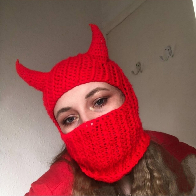 Novelty Devil Horn Face Cover Knit Balaclava for Women Men Winter Warm Hat Adult Halloween Party Costume Role Play Cap