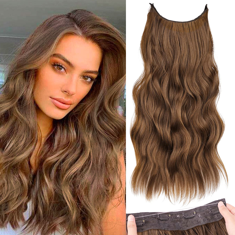 Synthetic Long Wavy Invisible Wire 4 Clip In Hair Extensions 22Inch Blonde Black Heat Resistant Hairpieces For Women Daily Party 59f01