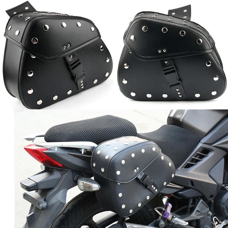 2pcs Universal Motorcycle Pu Leather Outdoor Lage Boxes XL Black Saddle Bags Waterproof Bag Motorbike Side Tool