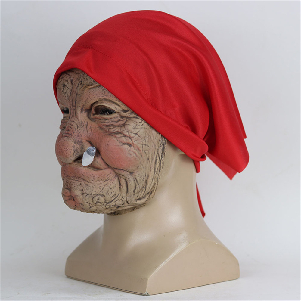 Funny Smoking Granny Old Nana Latex Mask Cosplay Lady Grandma With Wrinkled Face and Red Scarf Halloween Party Costume Accessor b7311