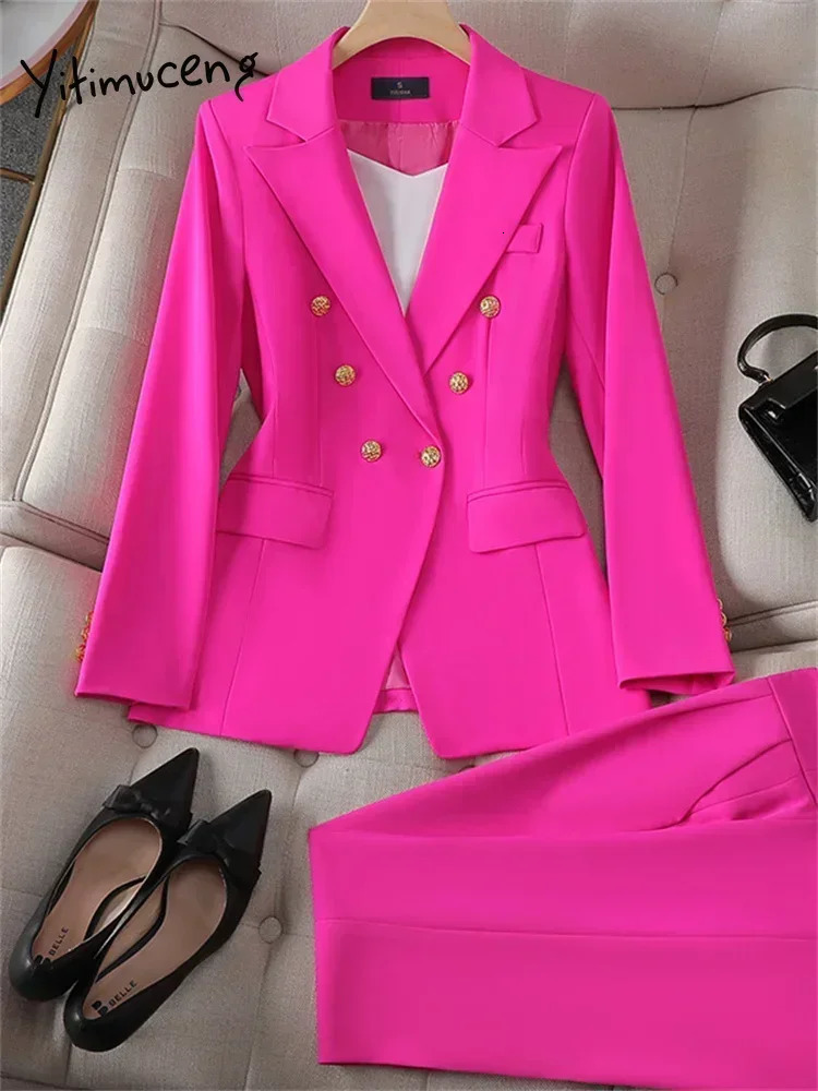 Yitimuceng Elegant Office Ladies Two Piece Sets Womens Outifits Double Breasted Long Sleeve Blazers Loose Casual Pant Suits 241112