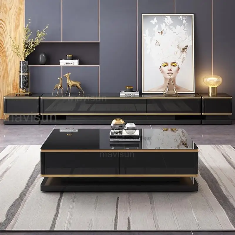 Luxury Modern Coffee Table Tv Stand Cabinet Black Finish Apartment Living Room Rectangula Moveis Para Casa Sofaset Furniture